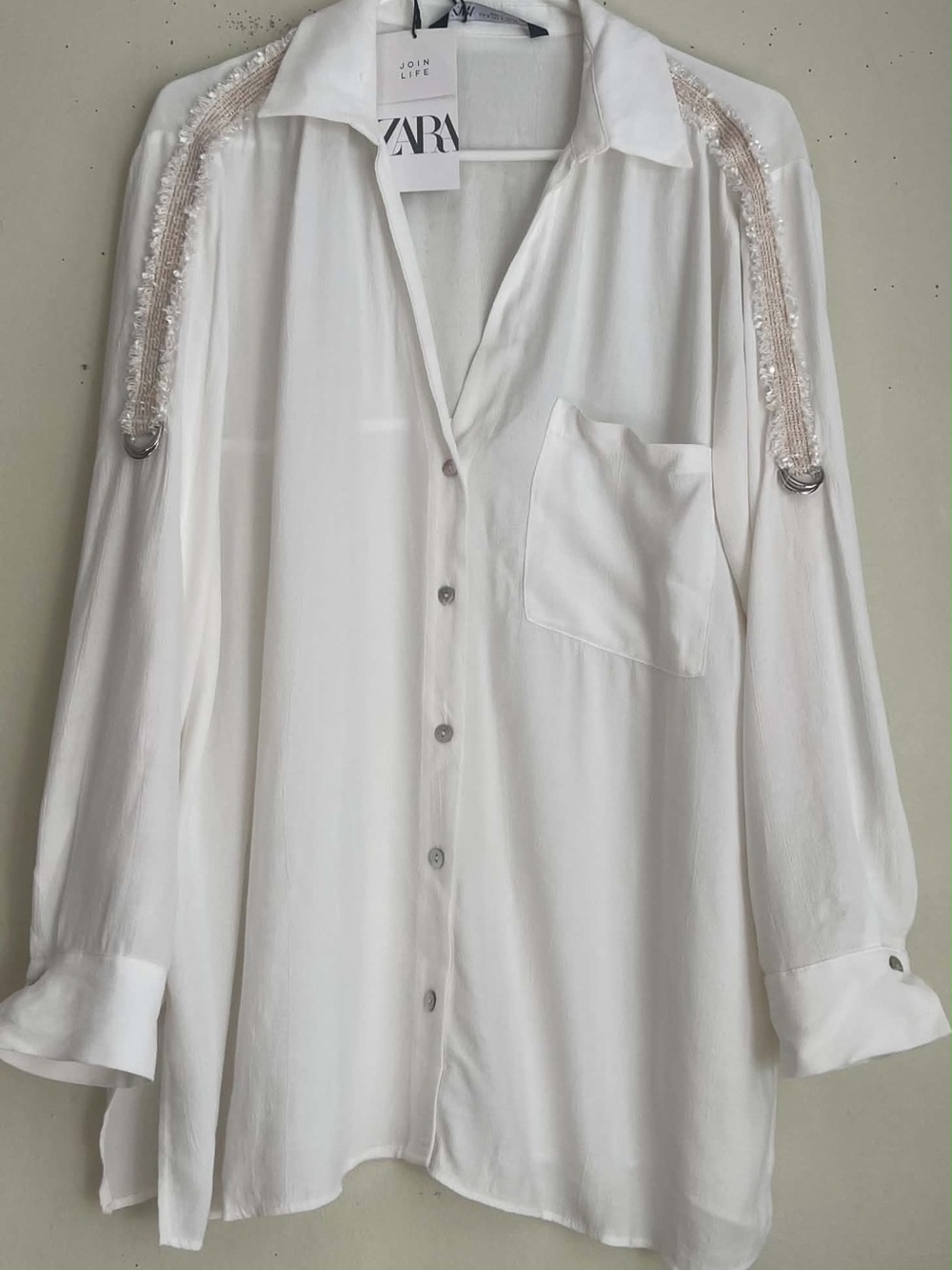 Zara White Button-Up Shirt with Beaded Shoulder Detail